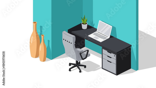 Isometric office workspace with desk, laptop, chair, and vases in minimalist style