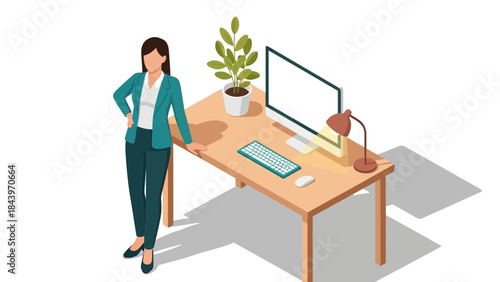Businesswoman leaning on desk in modern isometric office setting