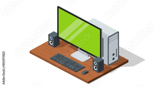 Isometric home office setup with desktop computer and accessories