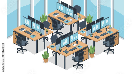 Modern isometric office workspace with desks and computers in a bright setting