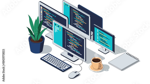 Modern workspace with coding monitors and office essentials in isometric style