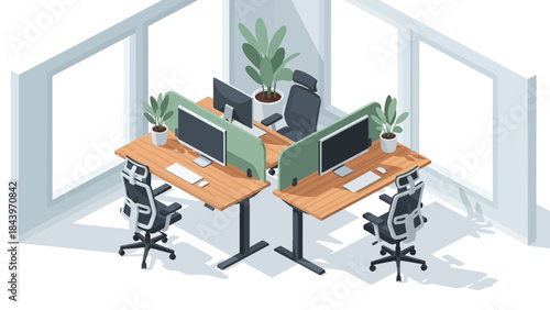 Modern isometric office workspace with desks and computers in bright interior