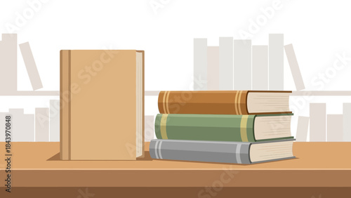 Books on wooden table with abstract bookshelf background in flat design