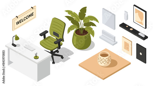 Modern office isometric design with desk, chair, and decorative elements for workspaces