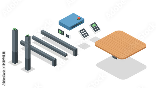 Assembly components for modern industrial table in isometric design