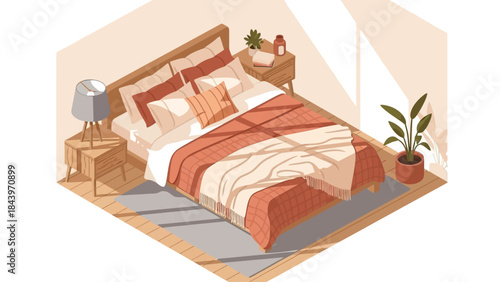 Cozy sunlit bedroom in isometric style with warm earth tones and modern decor