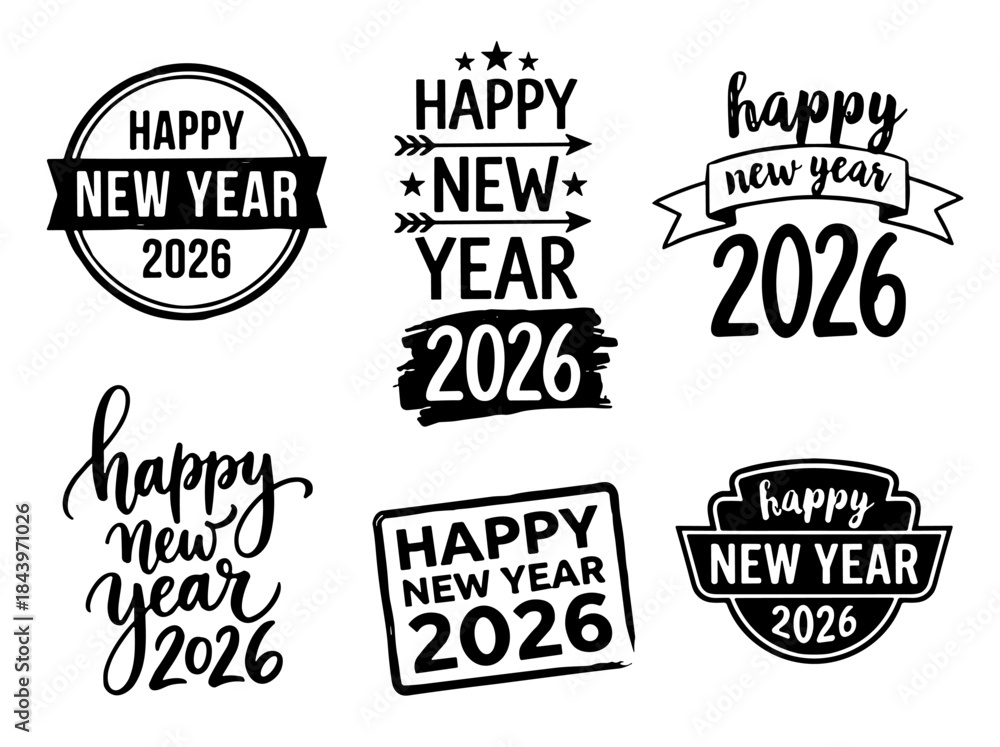Fototapeta premium Happy New Year Hand Drawn Elegant Brush Script Calligraphy