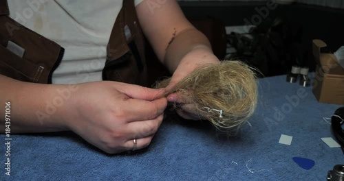 Close-up view of a professional plumber's hands skillfully preparing natural hemp fiber, or oakum, to create a reliable watertight seal for threaded pipe joints in a plumbing system.
