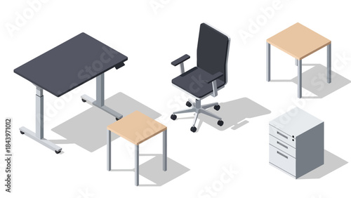 Modern office furniture set with desk, chair, and storage in isometric style
