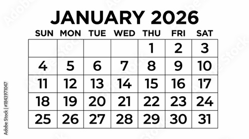 January 2026 Monthly Calendar Grid Minimalist Black and White Template