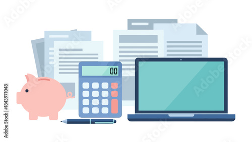 Office finance tools with laptop and calculator in a minimalist style