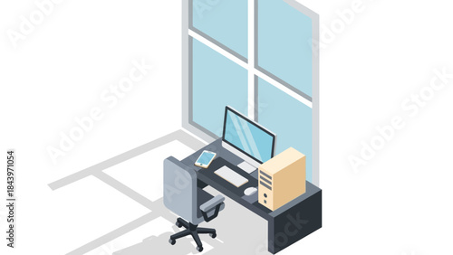 Isometric home office setup with computer and large window