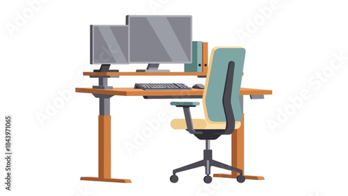 Modern office workspace with adjustable desk and dual monitors in flat design