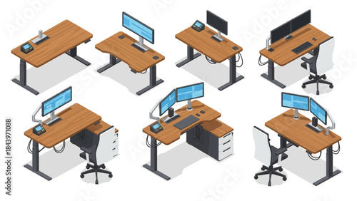 Isometric office workstations: ergonomic desks with screens and chairs