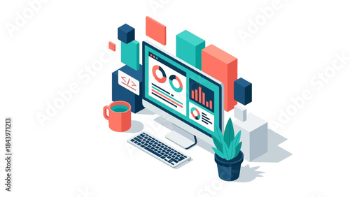 Isometric workspace with computer and analytics dashboard for data visualization