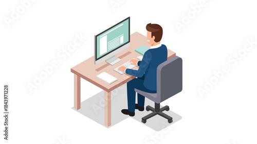 Business professional working at desk on computer in isometric office setting