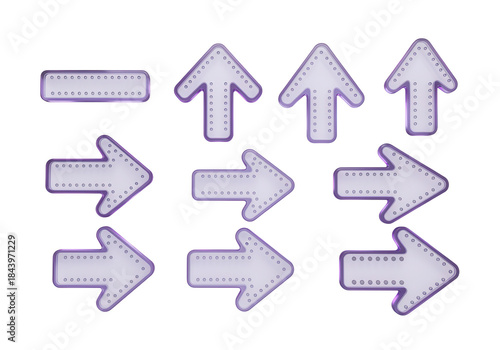 Minimal UIUX direction pointers with a segmented, dotted appearance and subtle purple glow, a 3D glassmorphism arrow icon set isolated on white