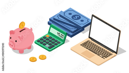 Financial planning tools: piggy bank, money, calculator, and laptop setup