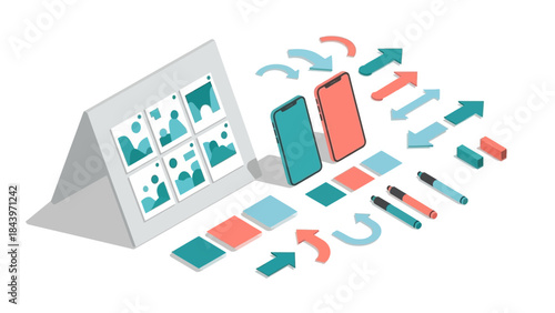 Isometric digital workflow elements with smartphones and design tools