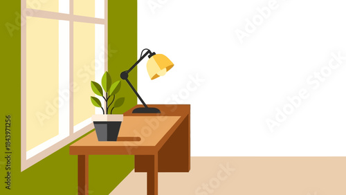 Modern minimalist home office workspace with desk, lamp, and plant in bright room