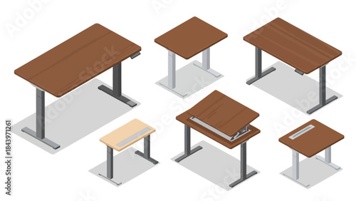 Modern adjustable desks isometric set with wood and metal design