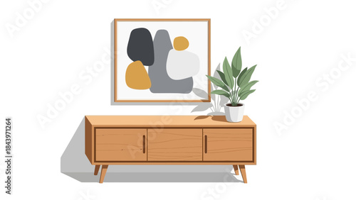 Modern mid-century sideboard with abstract art and potted plant