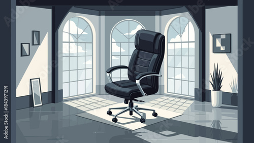 Modern office chair in spacious sunlit room with large windows and stylish decor