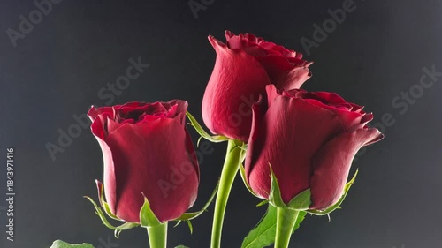 The petals of red roses are blooming, camera static