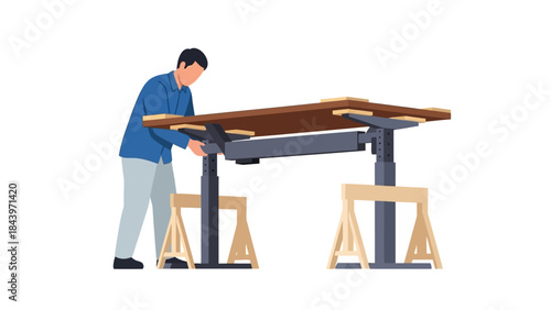 Man adjusting height of modern adjustable desk in workspace