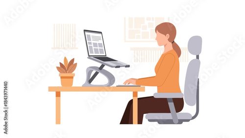 Woman working remotely at ergonomic desk setup with laptop and potted plant