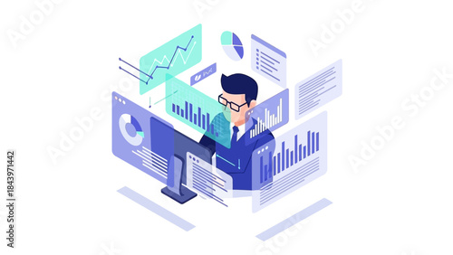 Isometric business analyst with financial data and digital charts