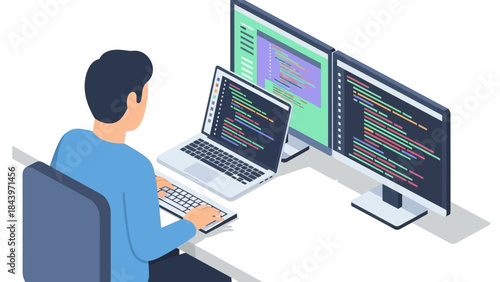 Developer working on multiple monitors in modern office setting