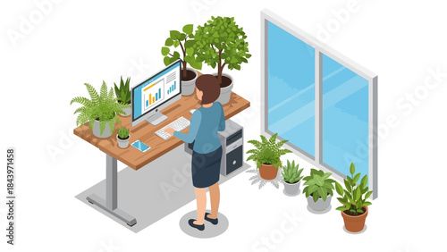 Woman standing at desk with plants analyzing business data on computer in modern office