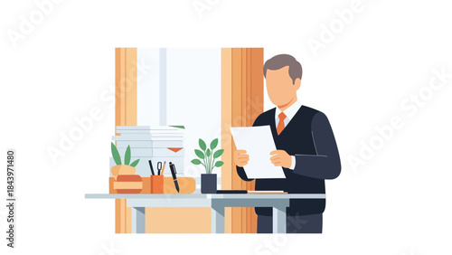 Professional office workspace with businessman holding documents and indoor plants
