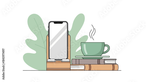 Cozy workspace with smartphone, coffee, and books in minimalistic style