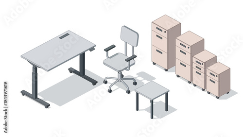 Modern office furniture set in isometric style with desk, chair, and cabinets