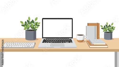 Modern workspace with laptop, coffee, and books in minimalist style