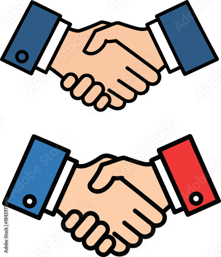 Handshake illustration representing cooperation and agreement between two hands in different colors on a transparent background