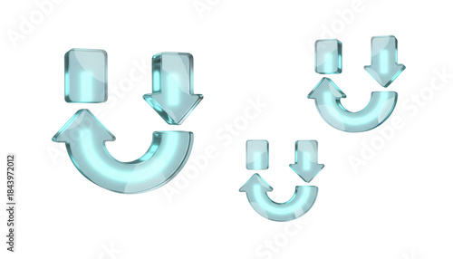 Looping, U turn data flow symbols with a continuous, flowing motion and a glowing, transparent cyan core, a 3D glassmorphism arrow icon set isolated on white