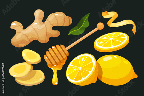 Collection of herbal ingredients featuring whole and sliced ginger root, wooden honey dipper with dripping golden honey, bright lemon fruits, lemon slices and citrus zest isolated on a dark background