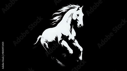 White horse silhouette rearing up with flowing mane on black background. Isolated design element for logos, tattoos, and graphic projects.