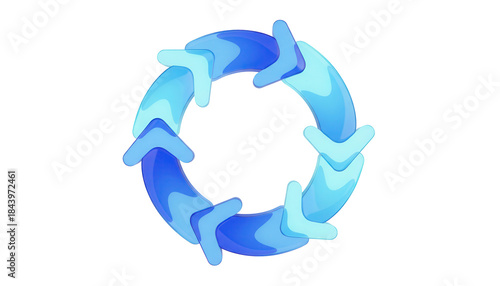 Looping, circular process arrows with a continuous, rotating motion and a vibrant, translucent blue gradient, a 3D glassmorphism arrow icon set isolated on white