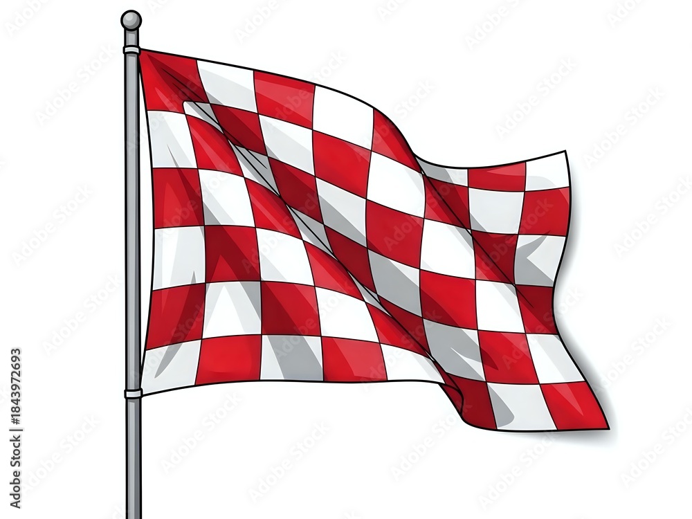 Obraz premium Red and white checkered racing flag waving on flagpole isolated on transparent background for motorsport events and competitions.