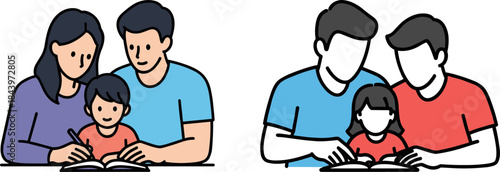 Family reading together at home with kids enjoying story time on a contrasting background of illustration.