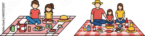 Family enjoying a picnic outdoors on a checkered blanket with various foods and drinks, in a sunny environment, fun times together.