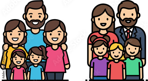 Two happy families posing together, one with three children and parents, another with two children and parents, on a transparent background