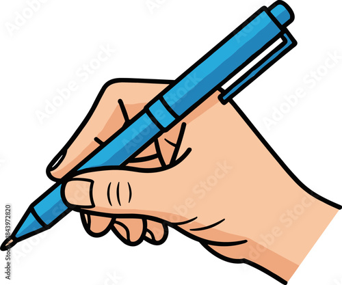 Hand holding a blue pen while writing on a document isolated on a transparent background