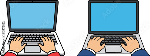Hands typing on laptops in different colored shirts, working indoors on a clear blue screen, isolated on a transparent background.
