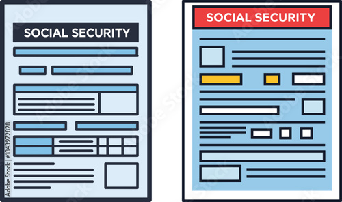 Two Social Security Forms with Diverse Layouts and Colors on a Plain Background