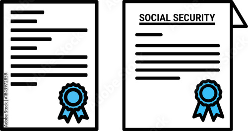 Two official documents featuring a social security certificate with seals on a plain white background